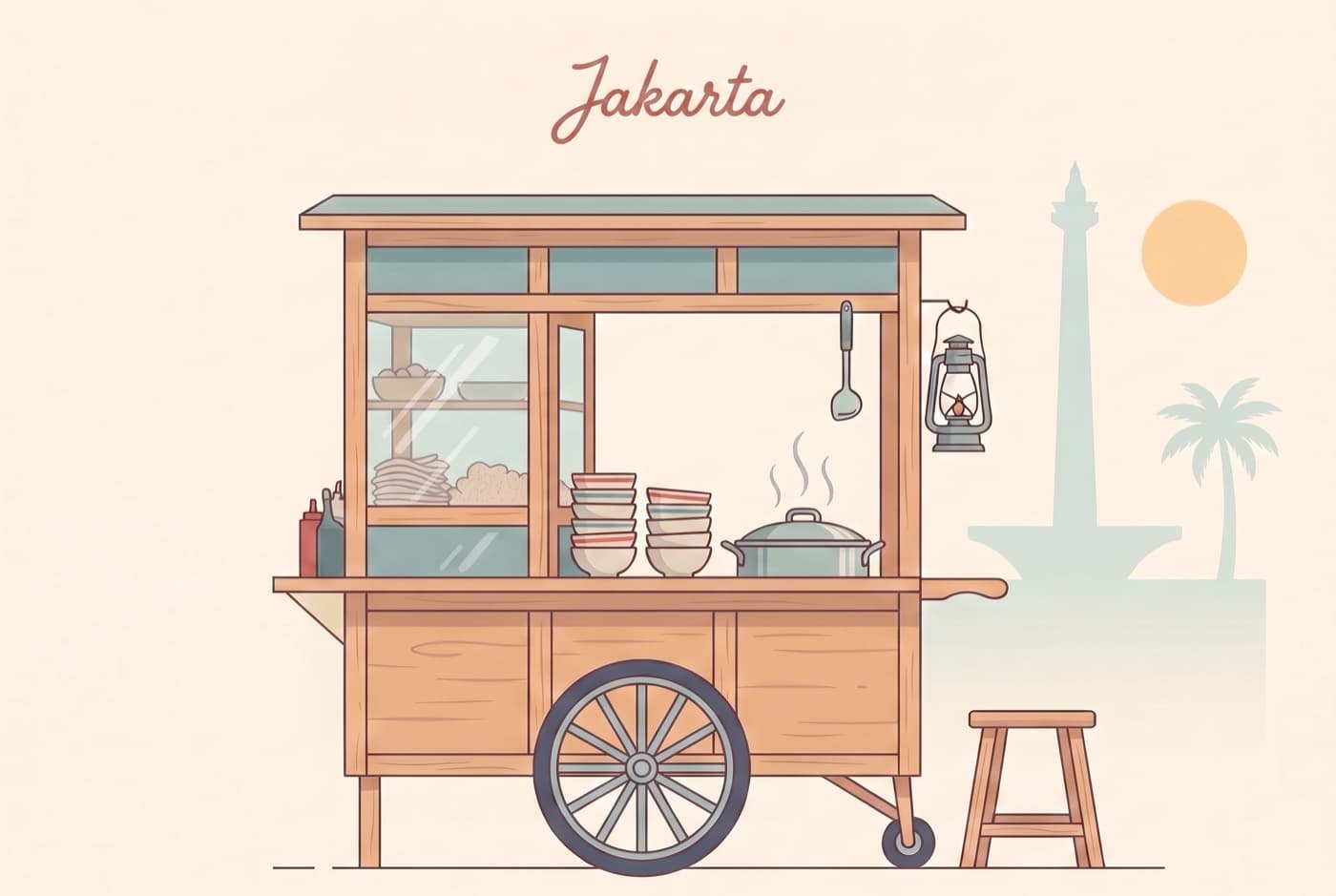 Faded vintage postcard of a gerobak bakso street cart, titled Jakarta