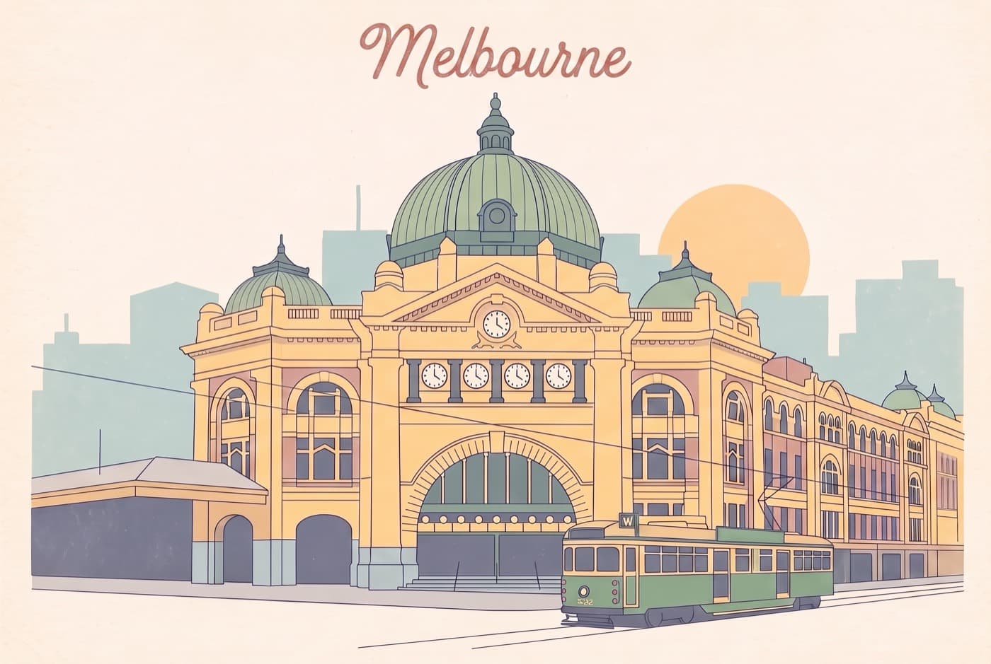 Faded vintage postcard of Flinders Street Station with a tram, titled Melbourne