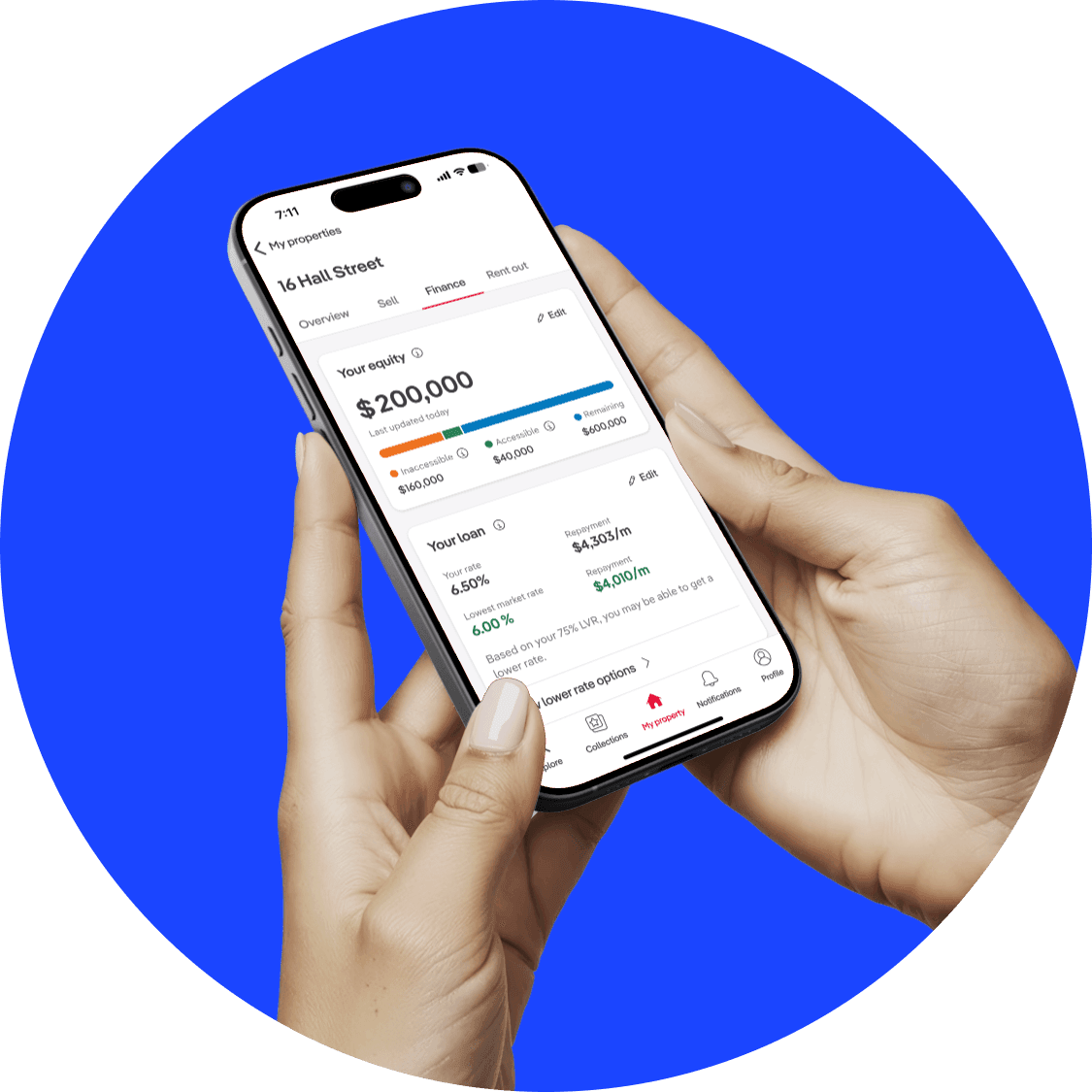The redesigned finance tab held in-hand inside realestate.com.au: a property's equity split into accessible and remaining, with current rate, repayment and a lower-rate prompt.