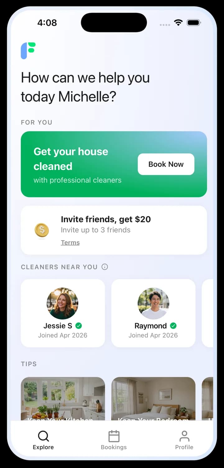 The Fyxes customer home screen: a 'get your house cleaned' booking prompt, referral offer, and nearby cleaners.