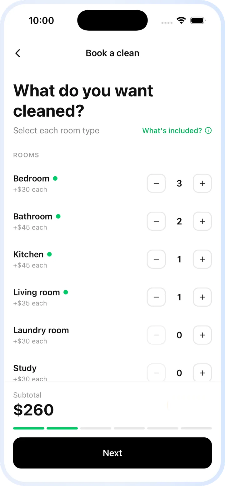 The room-by-room booking builder, with per-room counters and a running subtotal.