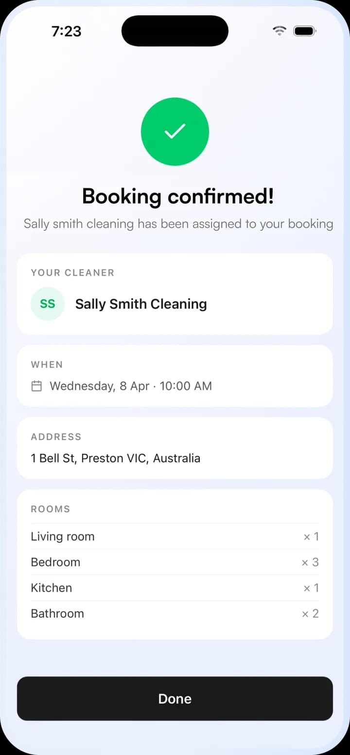 Booking confirmed screen, showing the assigned cleaner, date, address and itemised room list.