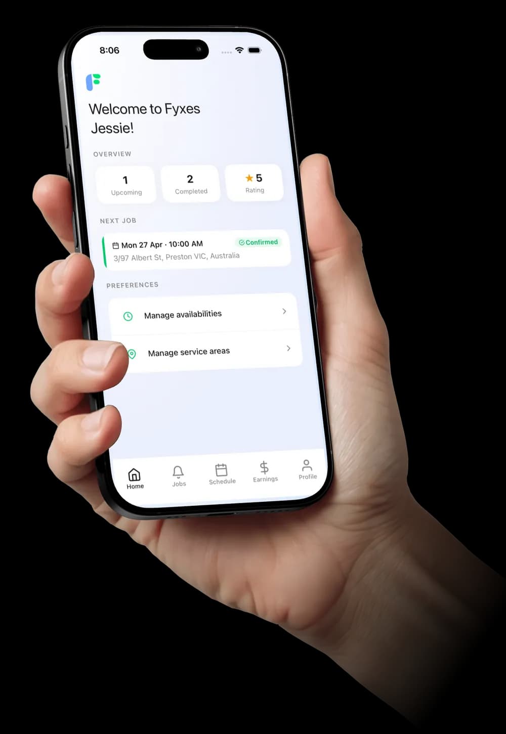 The cleaner-side home screen: upcoming and completed job counts, rating, next job details, and availability/service area management.