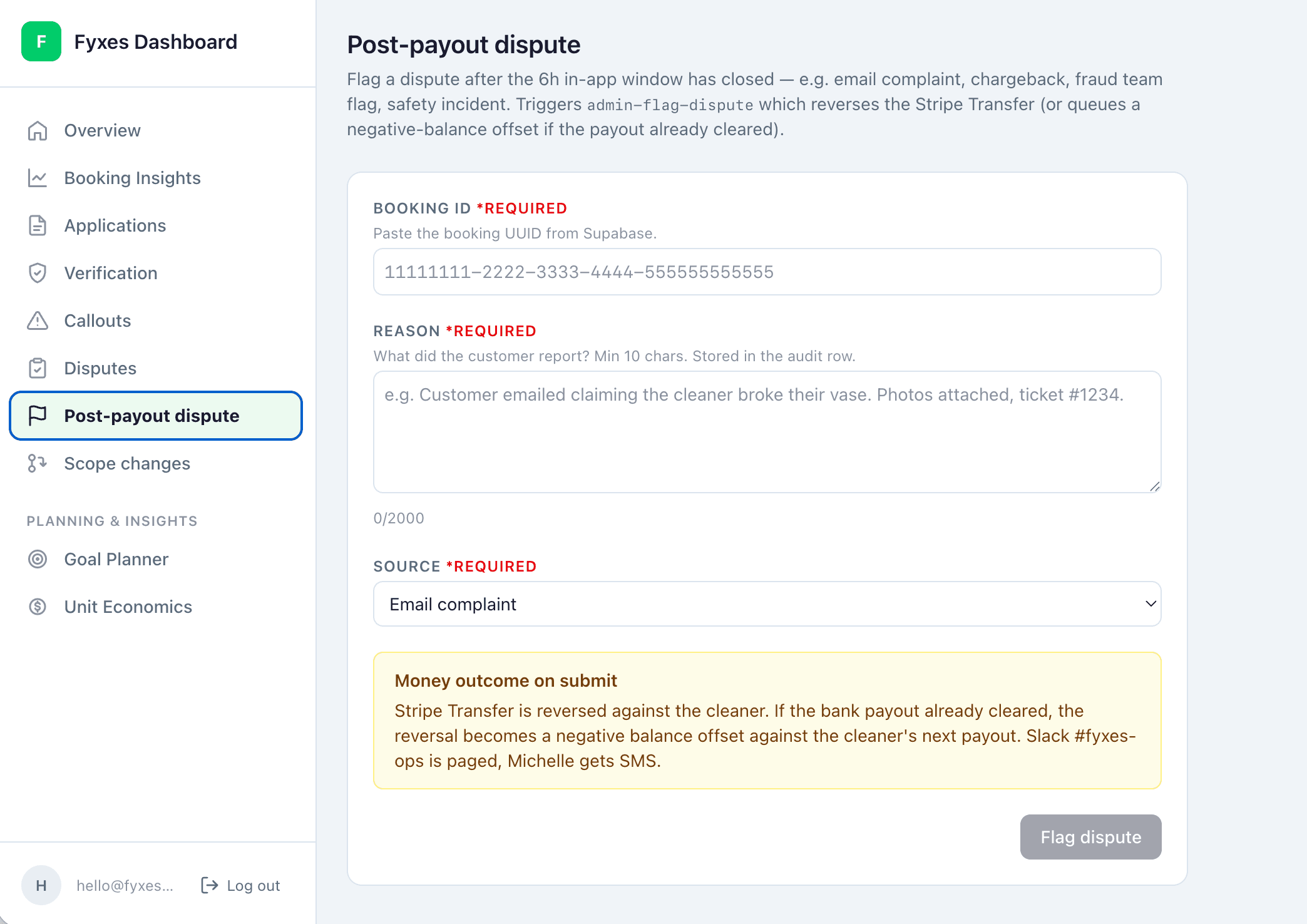 The post-payout dispute form: booking ID and reason fields, a source dropdown, and a yellow 'Money outcome on submit' panel spelling out the Stripe reversal before the Flag dispute button activates.