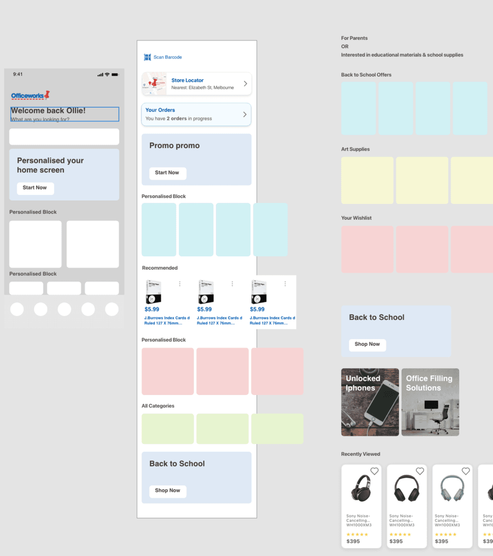 Design exploration of the new personalised home screen, with modular content blocks.