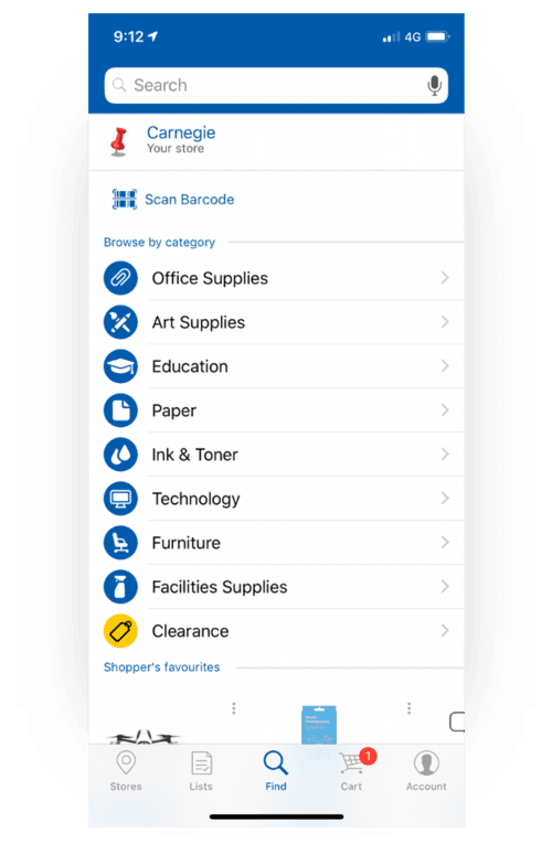 The previous Officeworks app home screen: a plain ‘browse by category’ list.