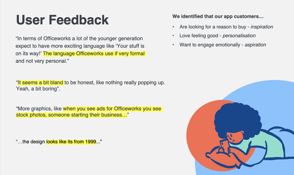 User feedback slide: the app felt formal, bland and dated; people wanted inspiration and personalisation.