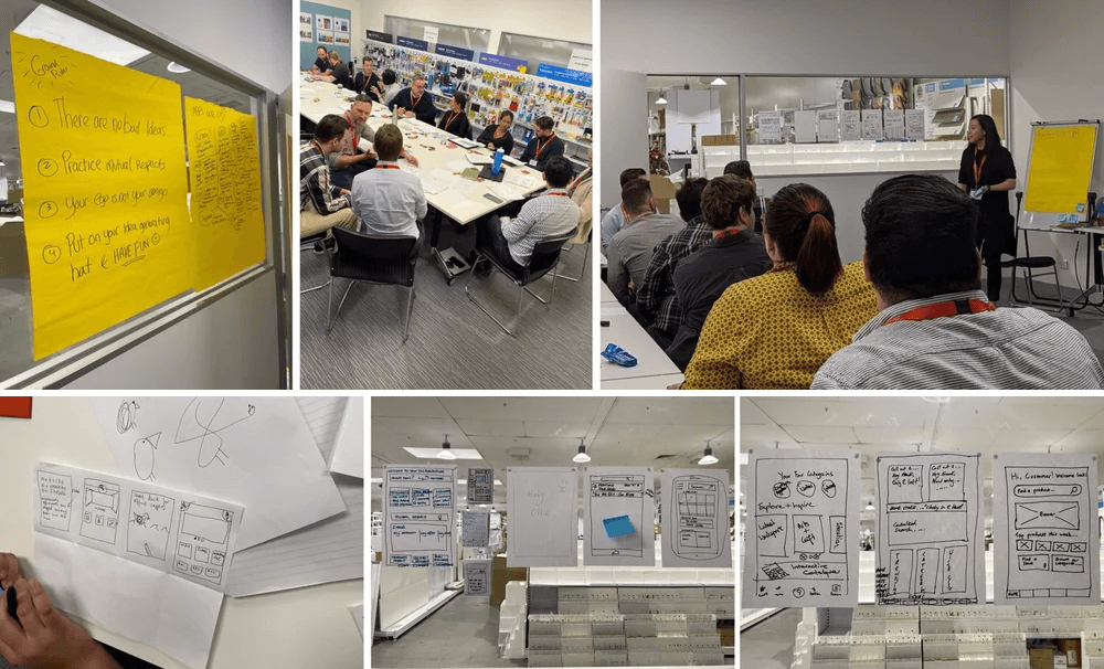 Photos from the ideation workshop: participants sketching and presenting Crazy 8s ideas.