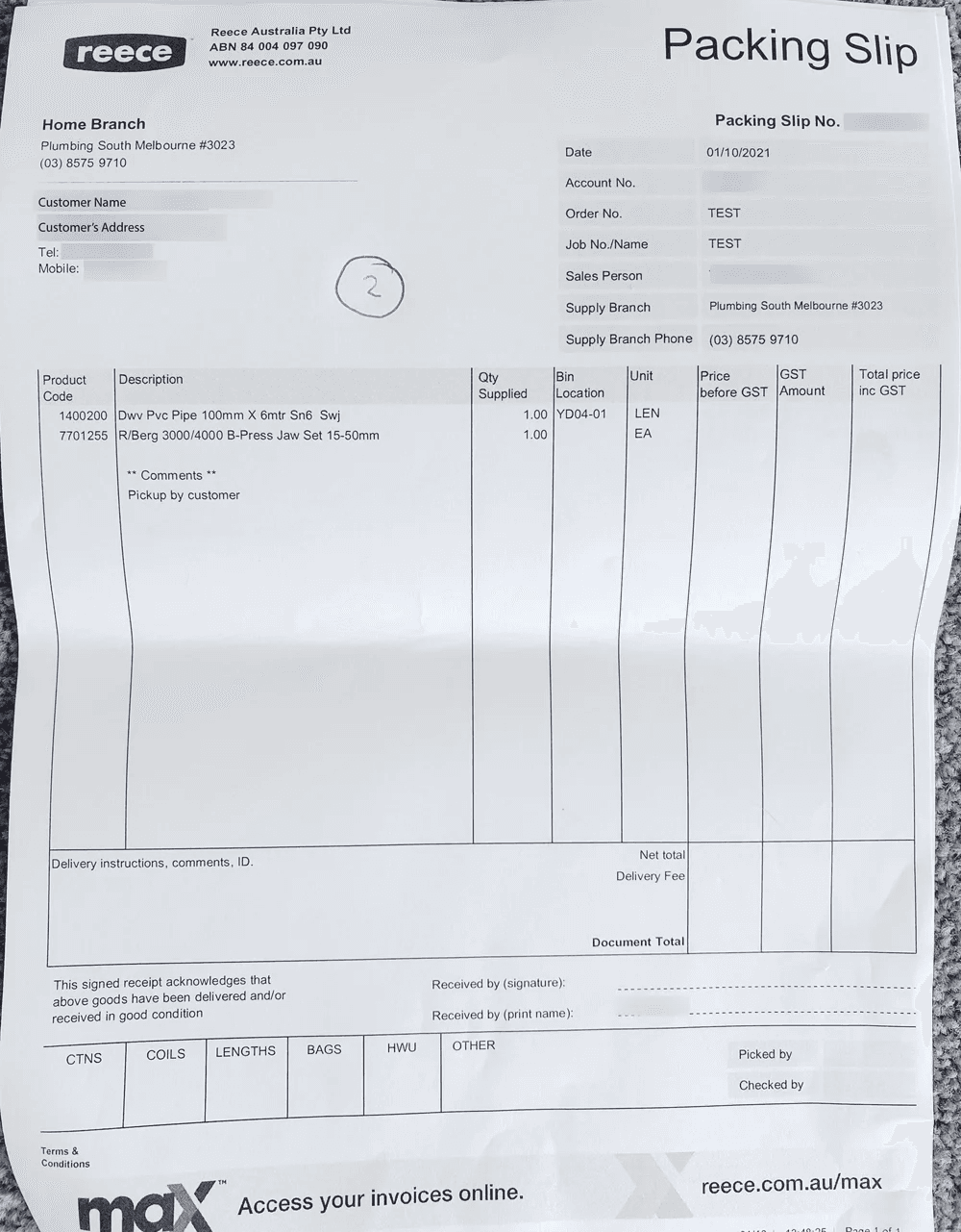 A printed Reece packing slip: the kind of paper discarded immediately after most orders.