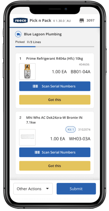 The Pick n Pack prototype: a digital pick list with serial-number scanning and per-line confirmation.