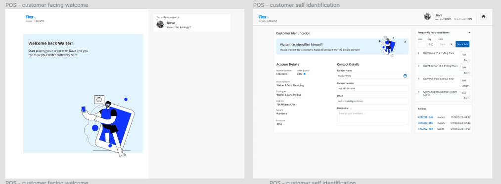 Concept design: a customer-facing 'welcome back' screen alongside a customer self-identification screen showing account and contact details.