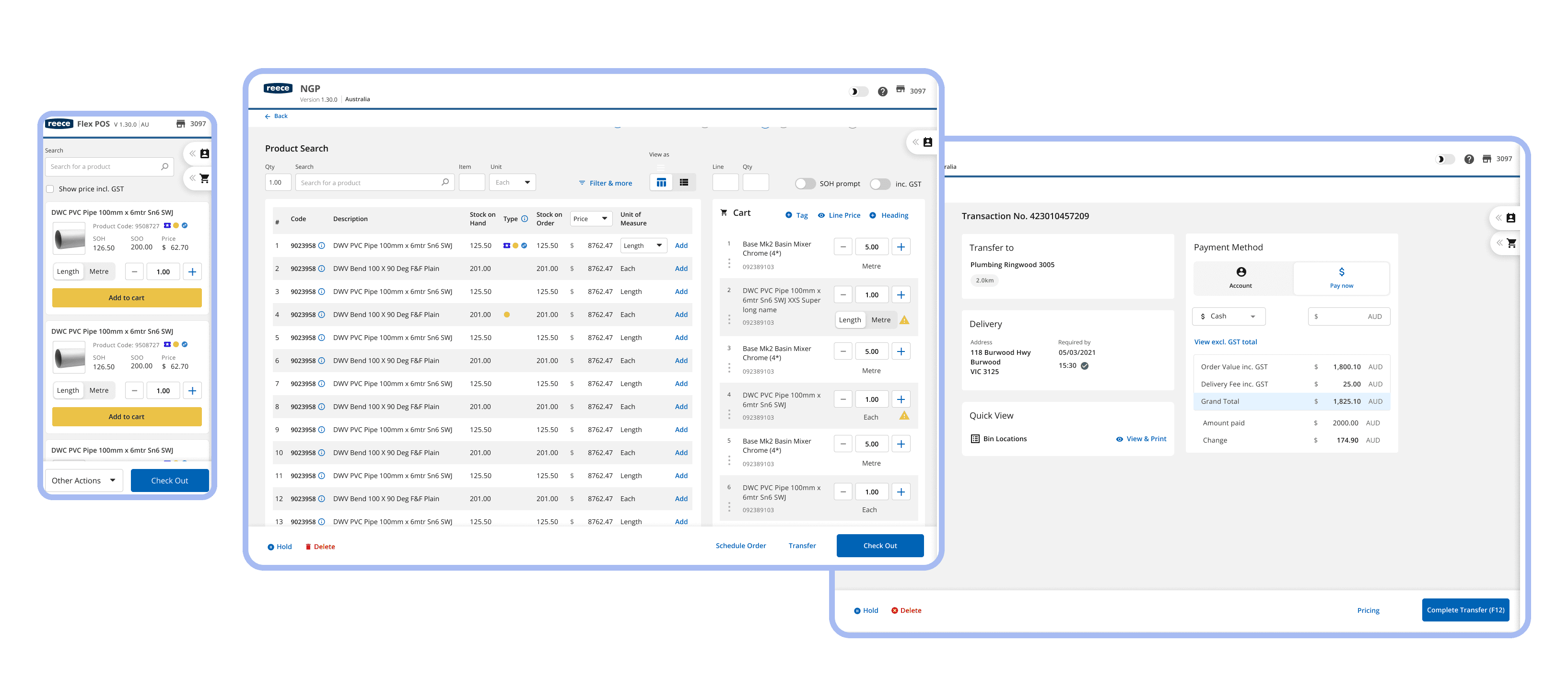 The Next Gen POS app: product search, a live cart, and a transaction and payment screen combined into one interface.