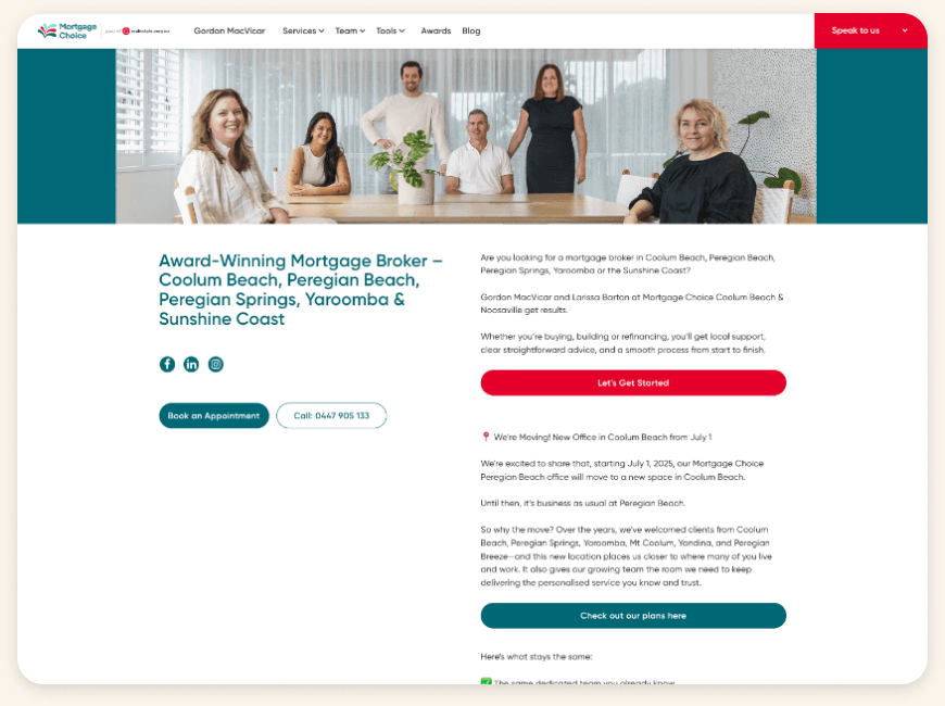 A legacy Mortgage Choice broker minisite: a large team-photo hero, with contact details and content stacked in a single two-column body.