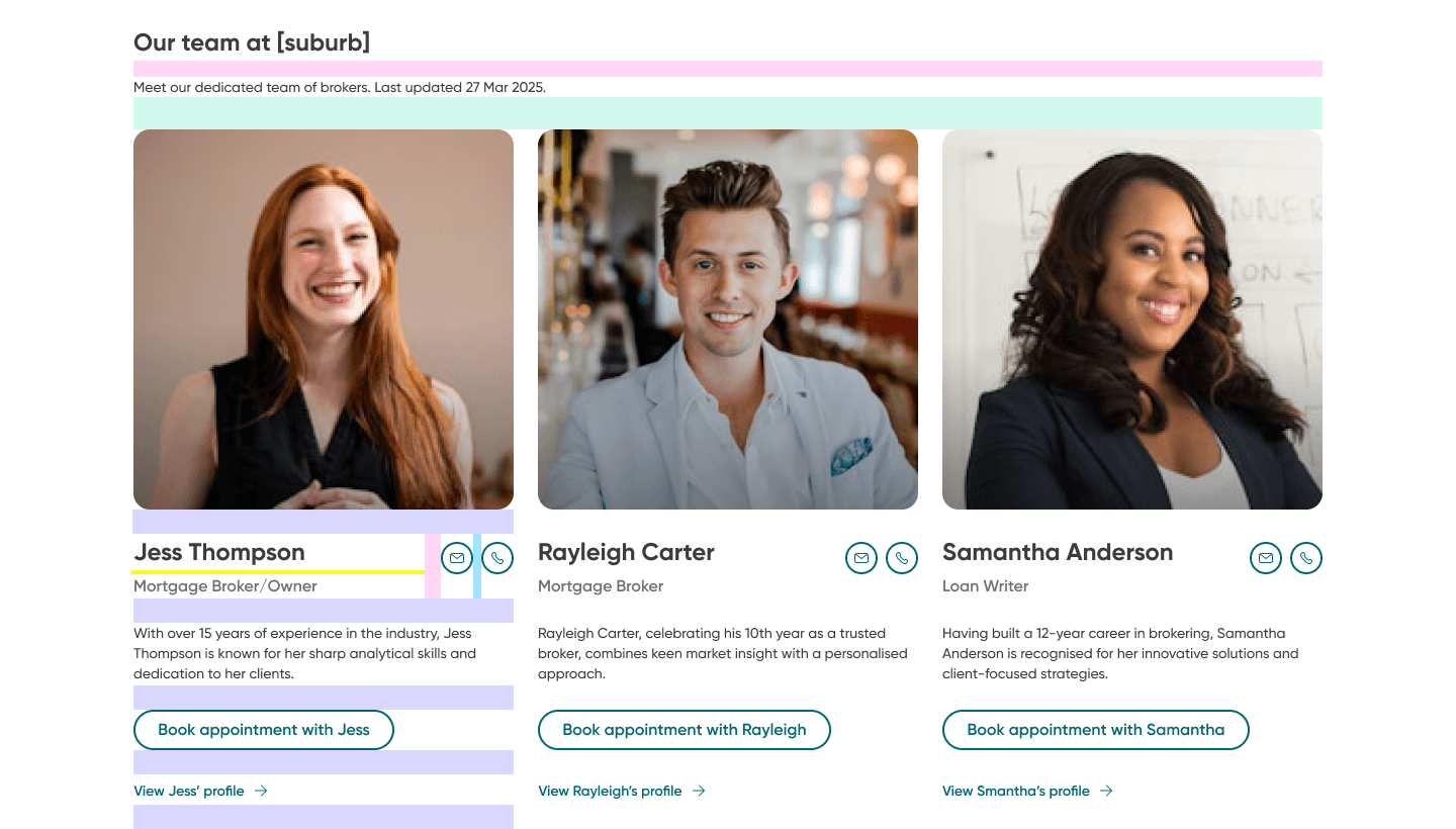 The new team block: broker profile cards, each with a photo, role, short bio and a 'book appointment' action.