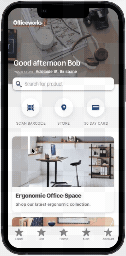 The personalised Officeworks home screen in motion: a greeting, quick actions and curated sections.
