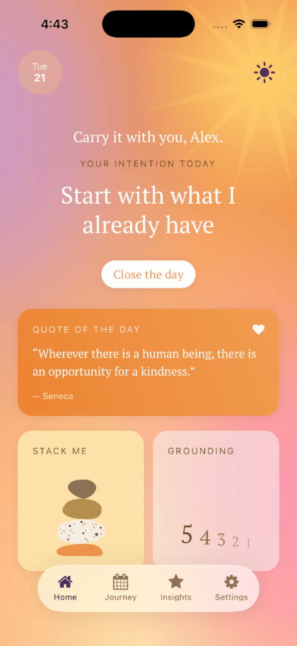 The Simply Kind home screen shifting from its warm morning mode to the calm night mode, with the same intention, quote of the day and rituals in two moods.