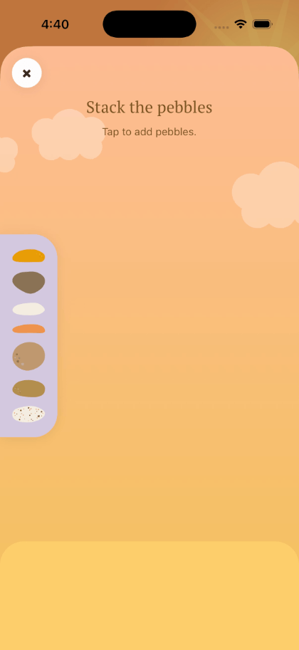 Stack Me in motion: tapping pebbles from a tray to build a wobbling stack against a warm sky.